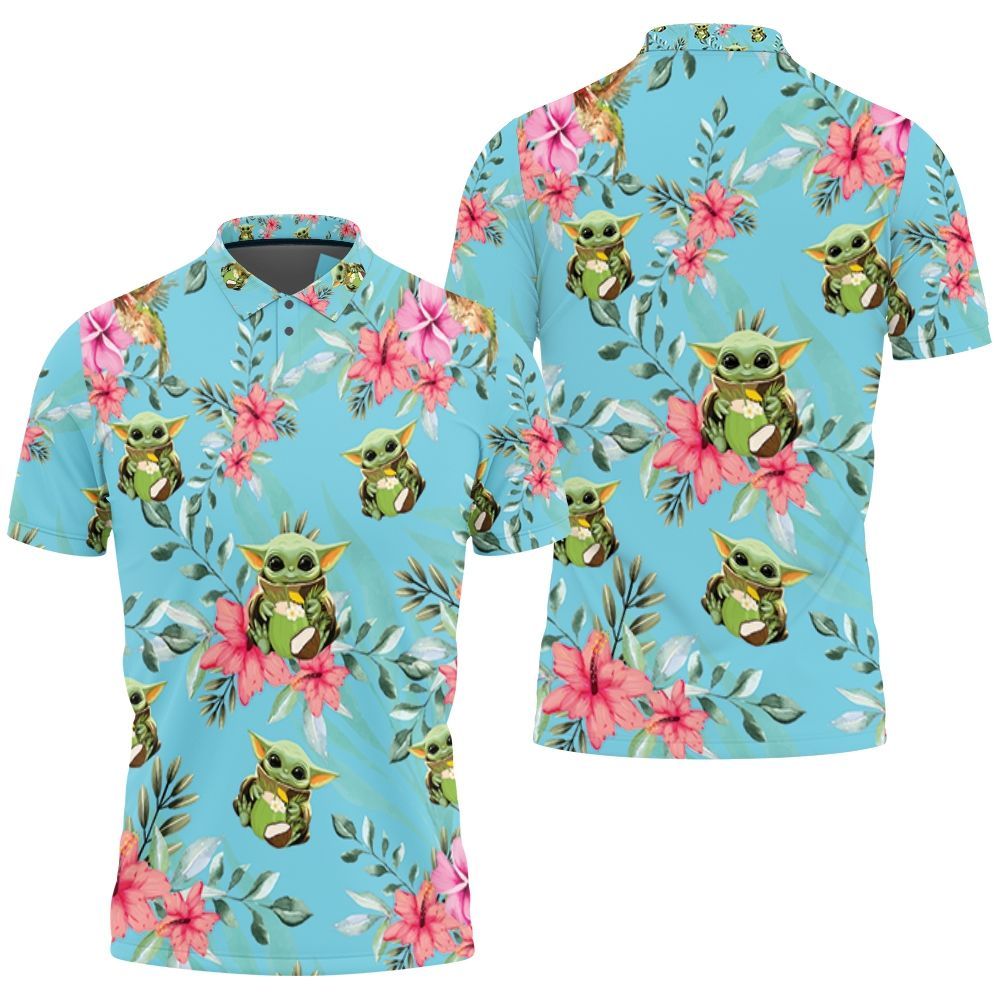 Baby Yoda Hugging Coconuts Seamless Tropical Colorful Flowers On Teal Polo Shirt All Over Print Shirt 3d T-shirt