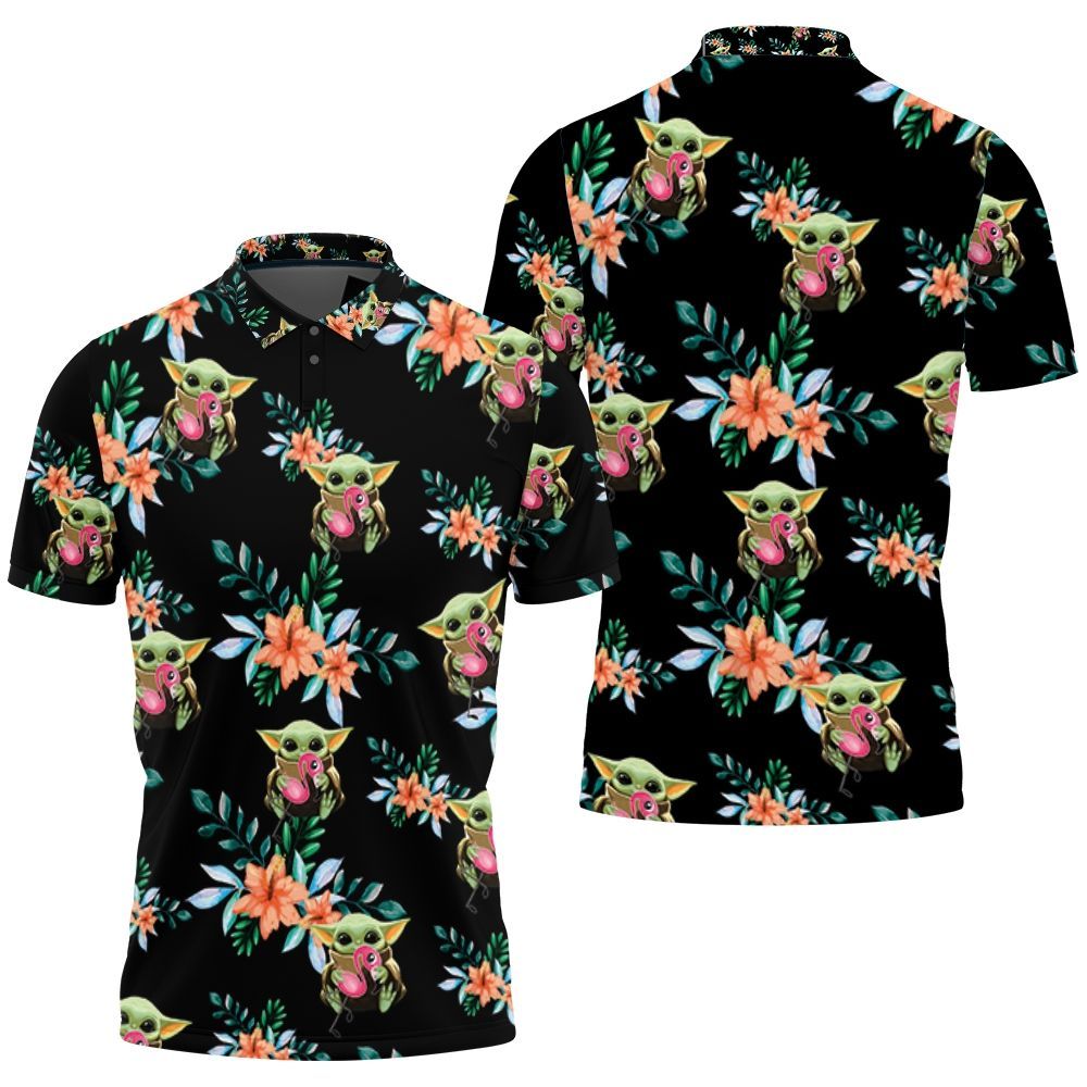 Baby Yoda Hugging Flamingos Seamless Tropical Colorful Flowers On Black Polo Shirt All Over Print Shirt 3d T-shirt