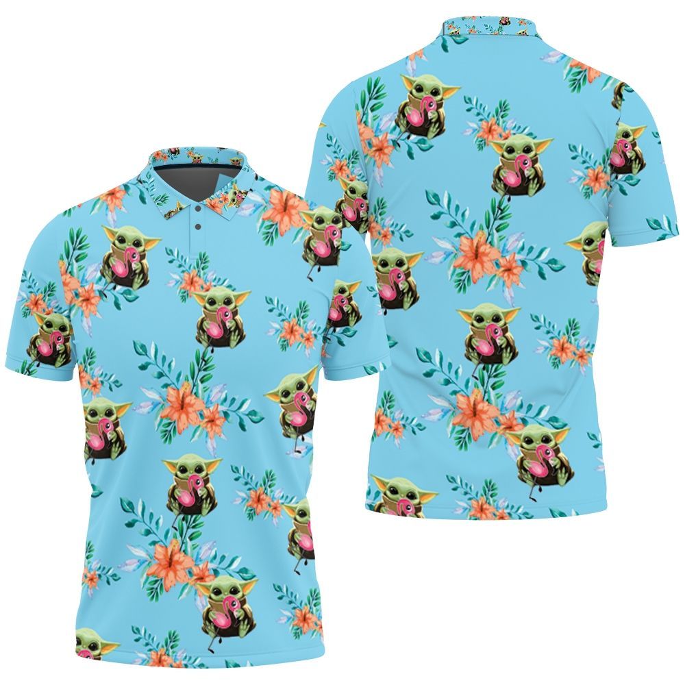 Baby Yoda Hugging Flamingos Seamless Tropical Colorful Flowers On Teal Polo Shirt All Over Print Shirt 3d T-shirt