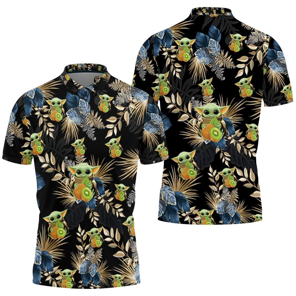 Baby Yoda Hugging Kiwis Blue Seamless Tropical Colorful Flowers On Black Polo Shirt All Over Print Shirt 3d T-shirt