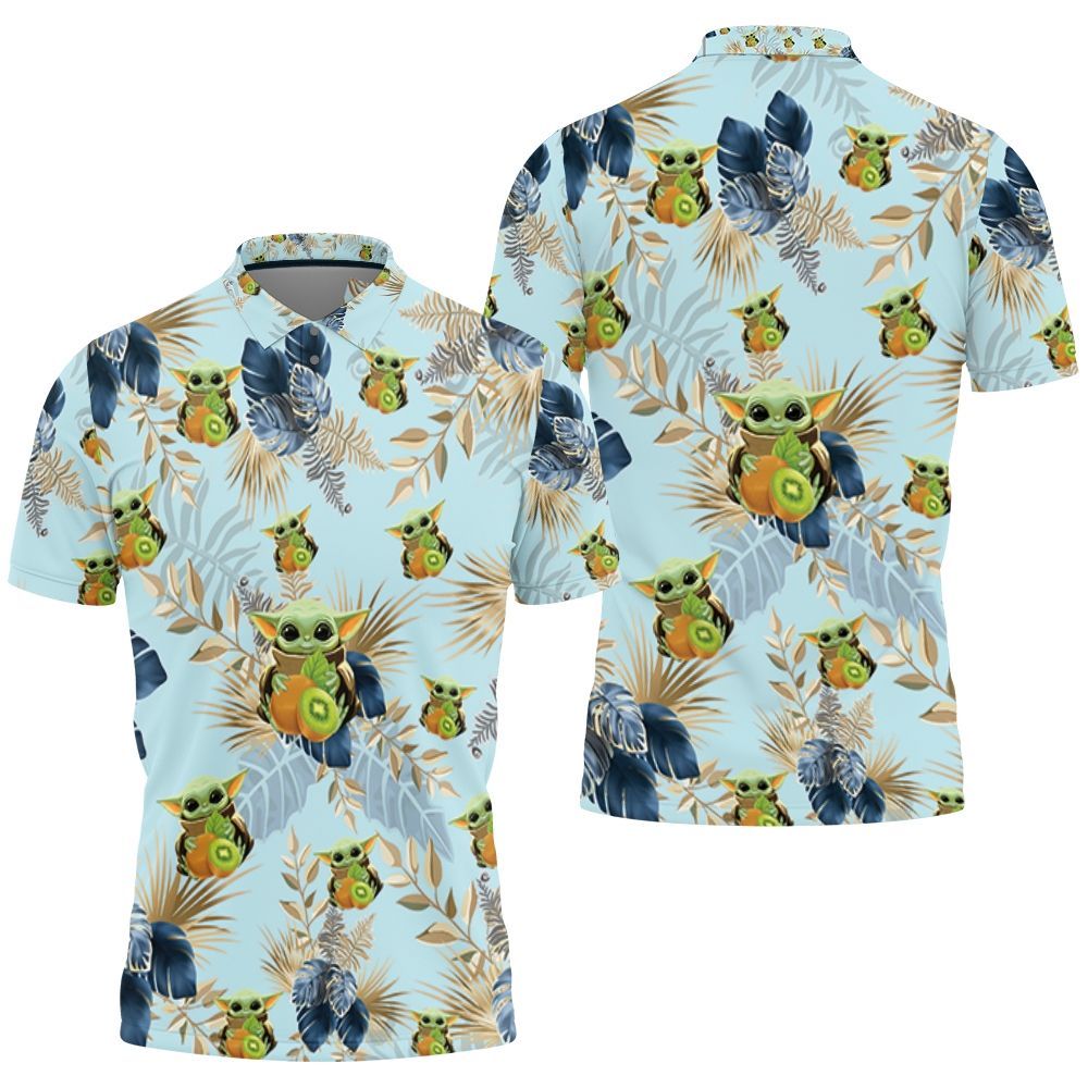 Baby Yoda Hugging Kiwis Blue Seamless Tropical Colorful Flowers On Teal Polo Shirt All Over Print Shirt 3d T-shirt