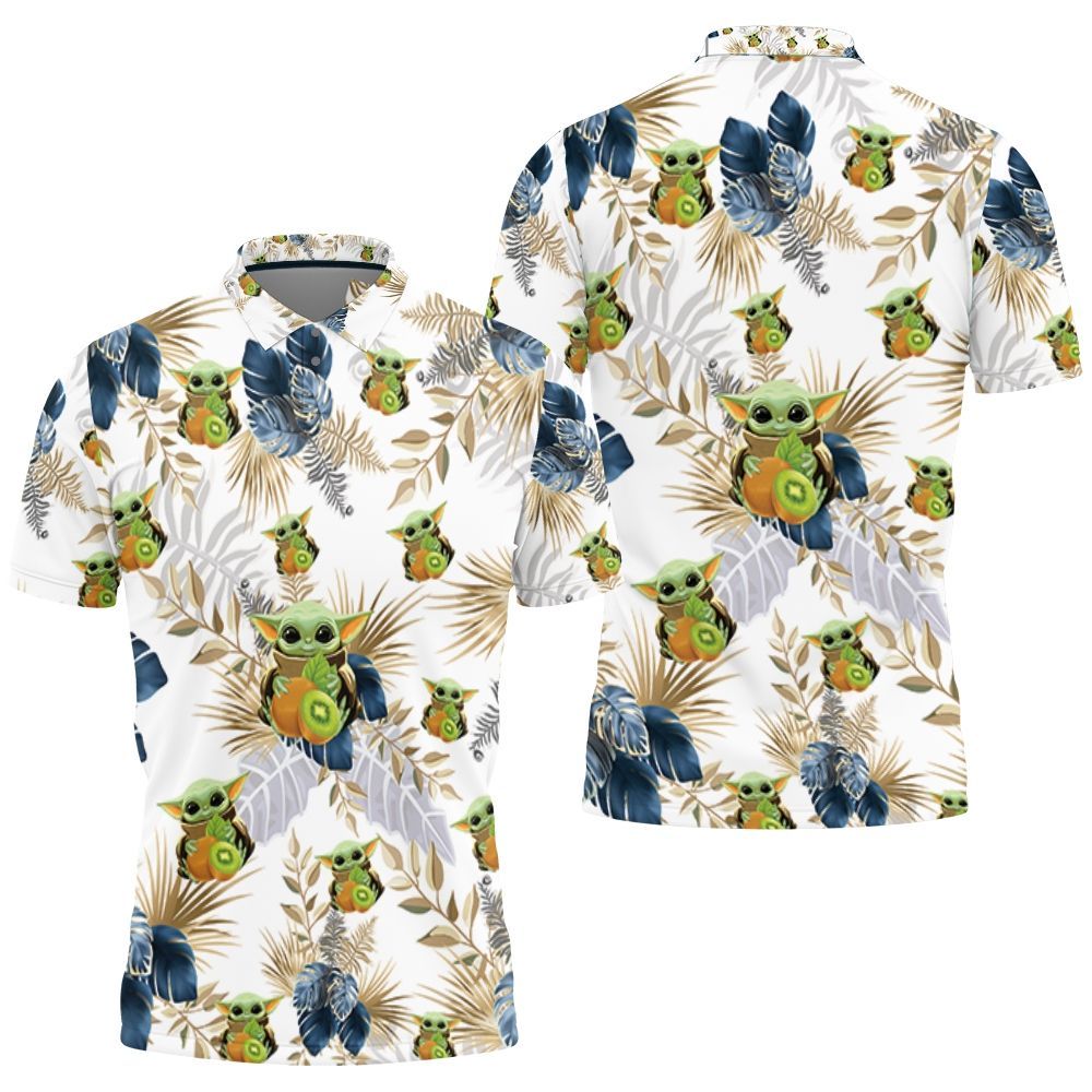 Baby Yoda Hugging Kiwis Seamless Tropical Blue And Green Leaves On White Polo Shirt All Over Print Shirt 3d T-shirt