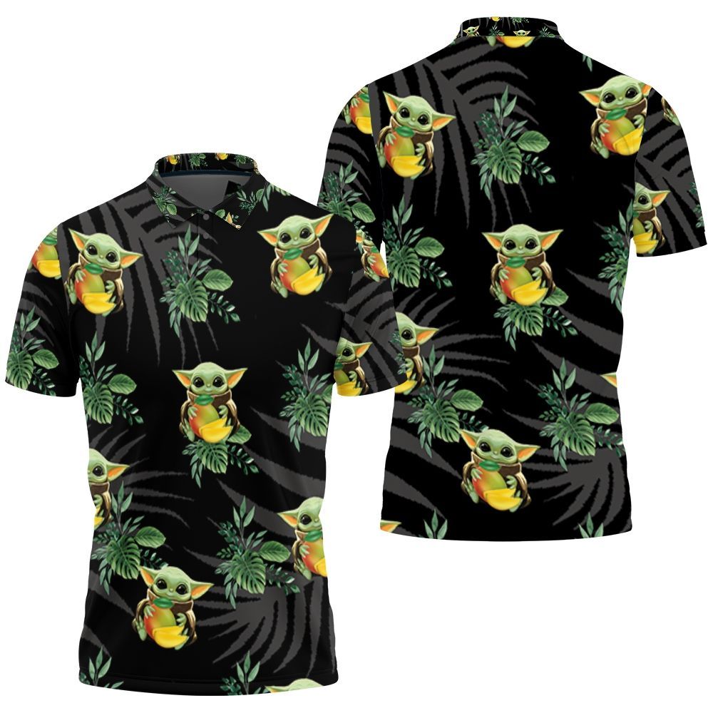 Baby Yoda Hugging Kiwis Seamless Tropical Green Leaves On Black Polo Shirt All Over Print Shirt 3d T-shirt