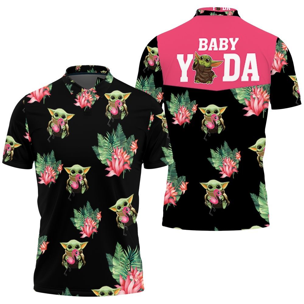 Baby Yoda Hugging Kiwis Seamless Tropical Leaves Lotuses On Black Polo Shirt All Over Print Shirt 3d T-shirt