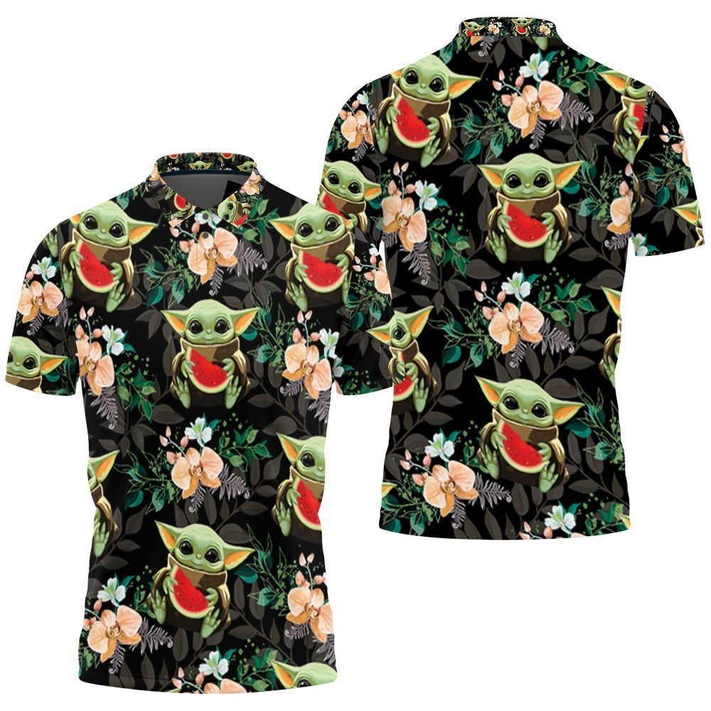 Baby Yoda Hugging Watermelons Seamless Tropical Green Leaves On Black Polo Shirt All Over Print Shirt 3d T-shirt