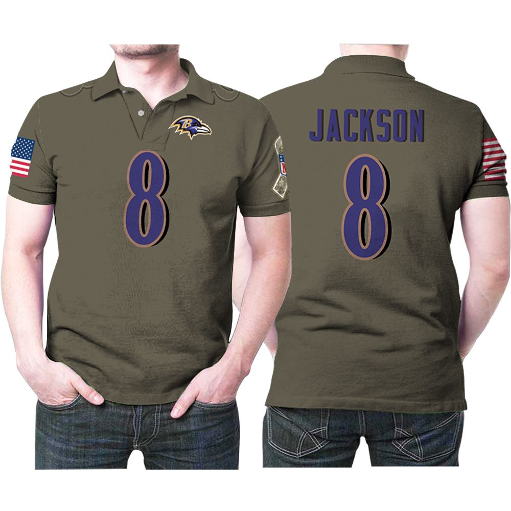 Baltimore Ravens Lamar Jackson #8 Nfl Deion Sanders Salute To Service Retired Player Olive 3d Designed Gift For Baltimore Fans Polo Shirt