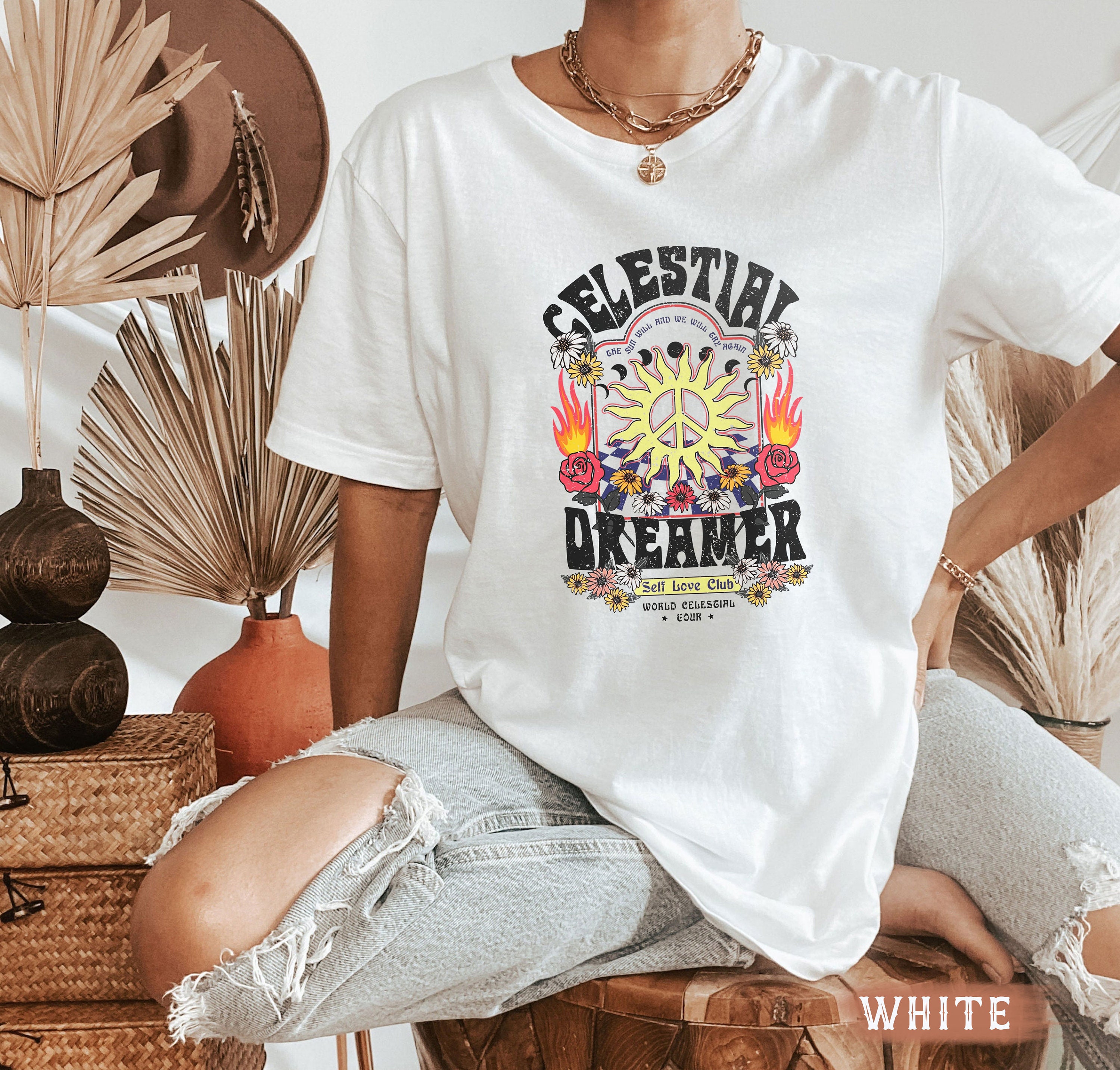 Celestial Dreamer Hippie Sun Retro Graphic Unisex Shirt