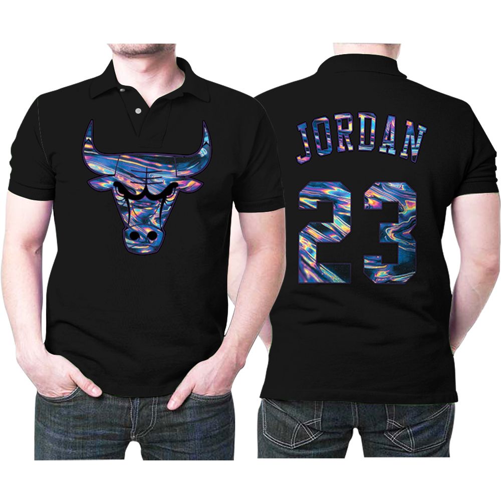 Chicago Bulls Michael Jordan 23 Legend Player Nba Basketball Iridescent Holographic Black Jersey Style Bulls Fans Jordan Lovers Polo Shirt