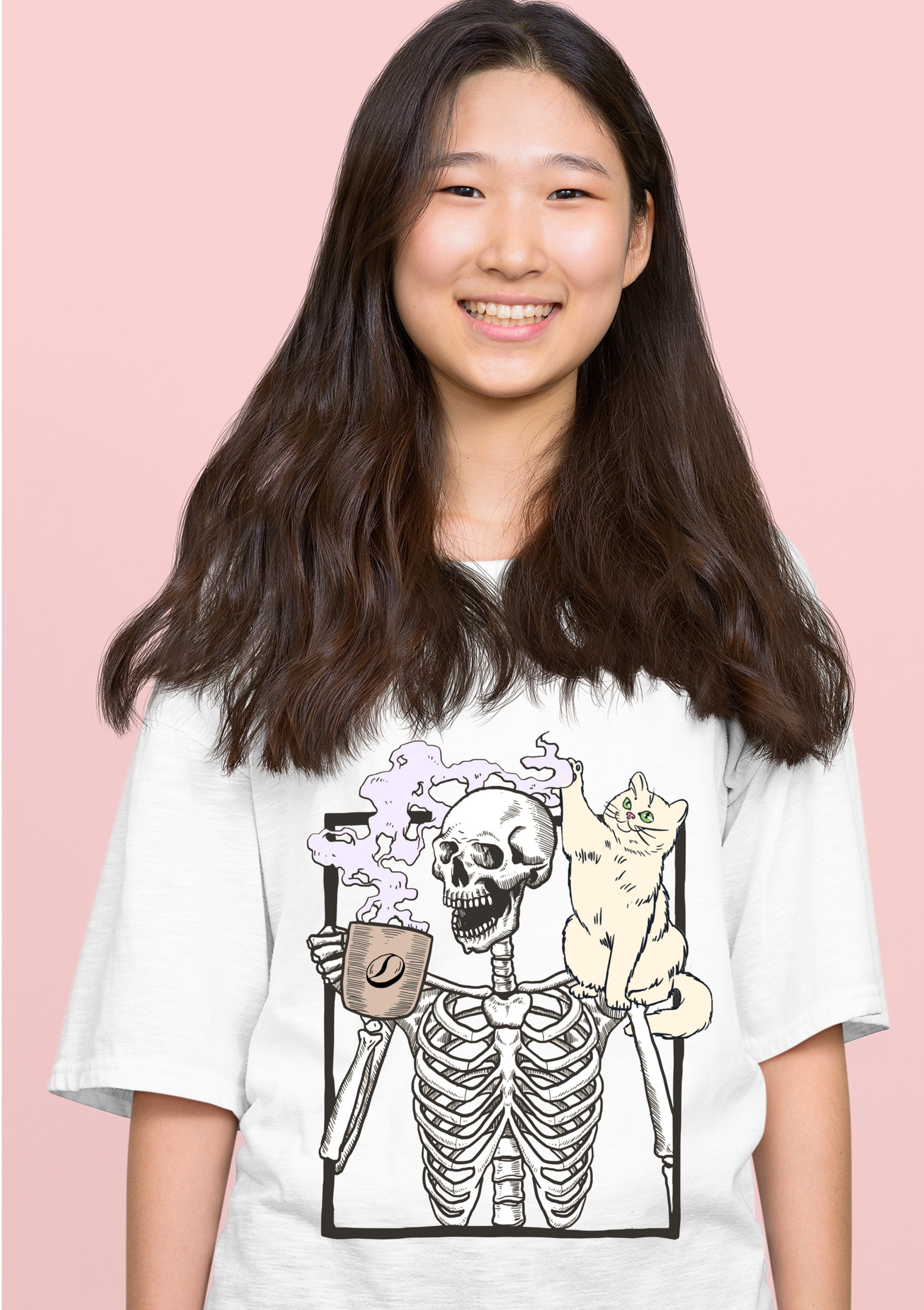 Coffee Lover Cat And Skeleton Lover Unisex T-Shirt