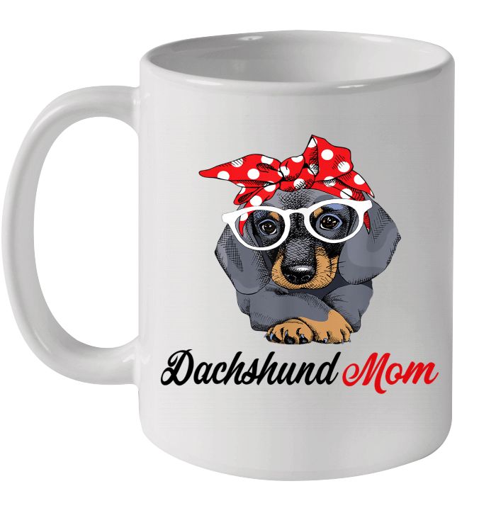 Dachshund Mom Wearing White Glasses And Red Polka Dot Turban Premium Sublime Ceramic Coffee Mug White