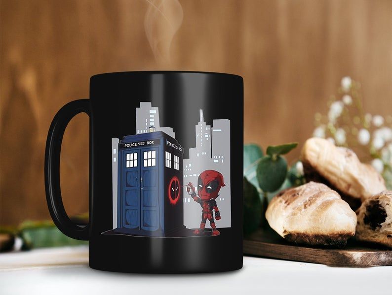 Deadpool Painting Tardis Interior Mug Marvel Mug Doctor Who Lover Gift Premium Sublime Ceramic Coffee Mug Black