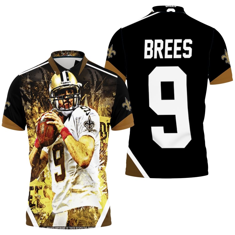Drew Brees New Orleans Saints Black & Yellow Polo Shirt  All Over Print Shirt 3d T-shirt