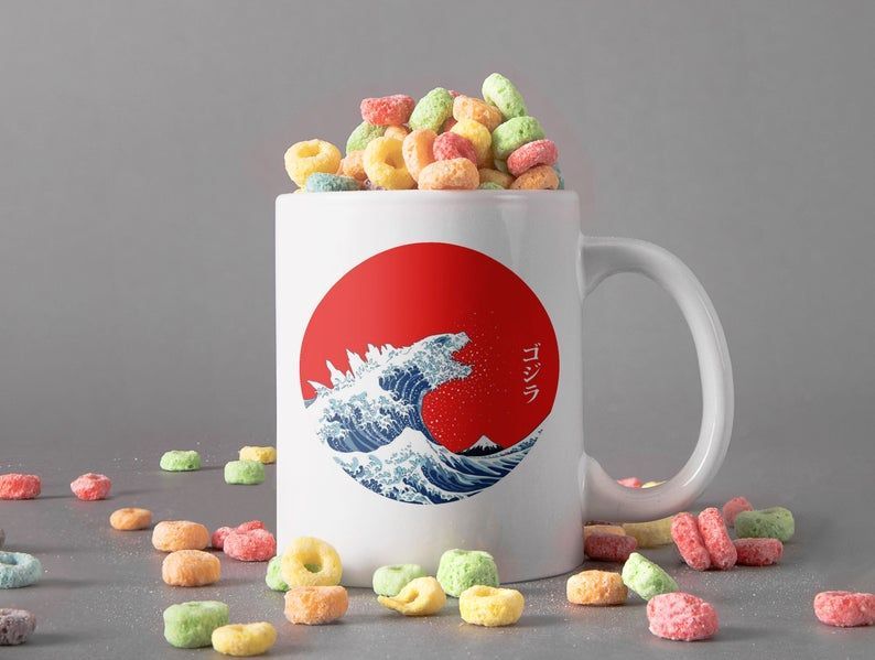 Godzilla In The Great Wave Off Kanagawa Art Mug Godzilla Vs Kong Mug Retro Vintage Mug Premium Sublime Ceramic Coffee Mug White