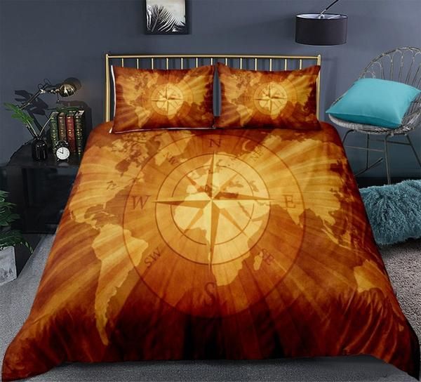 Gold World Map Compass Cotton Bedding Sets