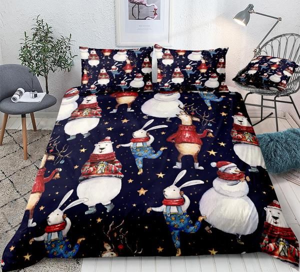 Merry And Bright Christmas Bunny Bear Deer Snowman Pattern Cotton Bedding Sets