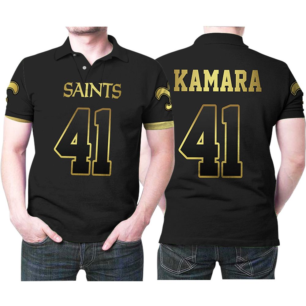 New Orleans Saints Alvin Kamara 41 Nfl American Football Team Black Golden Edition Vapor Jersey Style Gift For Saints Fans Polo Shirt