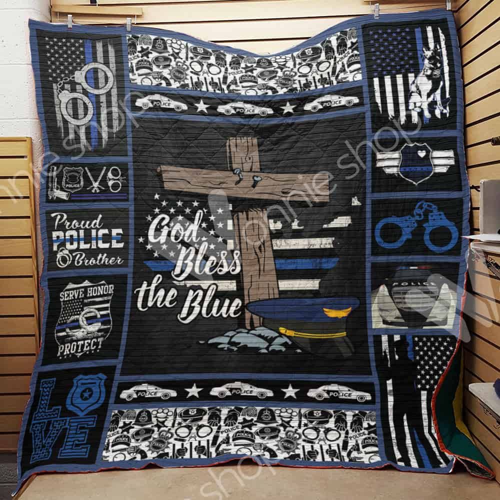 Police God Bless The Blue Quilt Blanket Great Customized Gifts For Perfect Gifts For Police