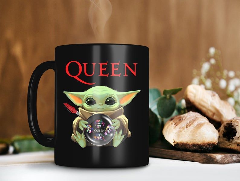 Queen In Baby Yoda Hand Mug Rockband Mug The Mandalorian Mug Christmas Mug Premium Sublime Ceramic Coffee Mug Black