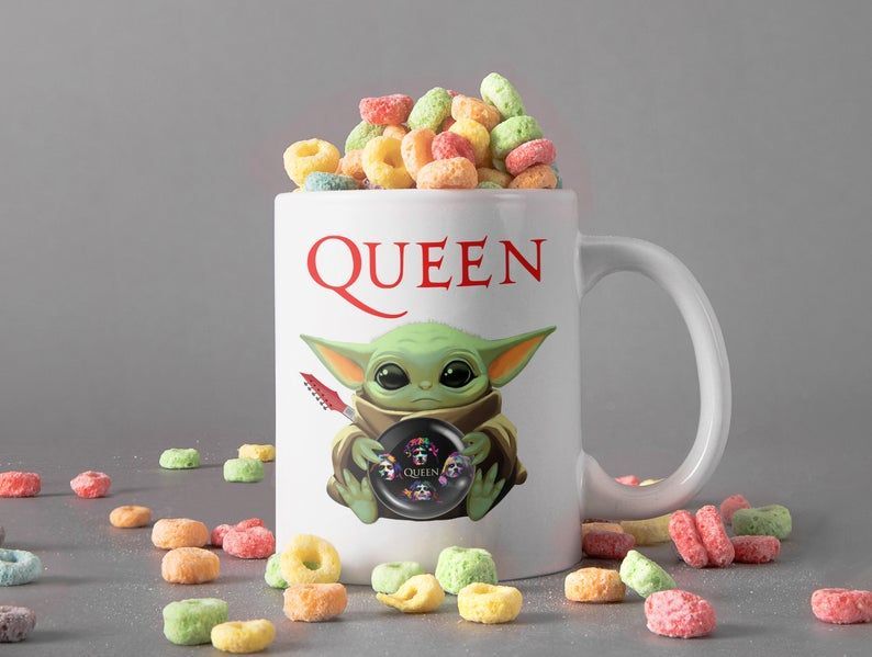 Queen In Baby Yoda Hand Mug Rockband Mug The Mandalorian Mug Christmas Mug Premium Sublime Ceramic Coffee Mug White