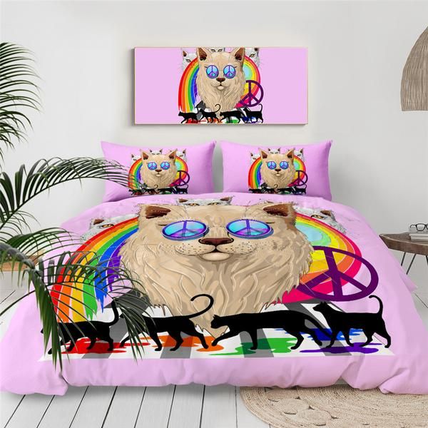 Rainbow Pink Cat Cotton Bedding Sets