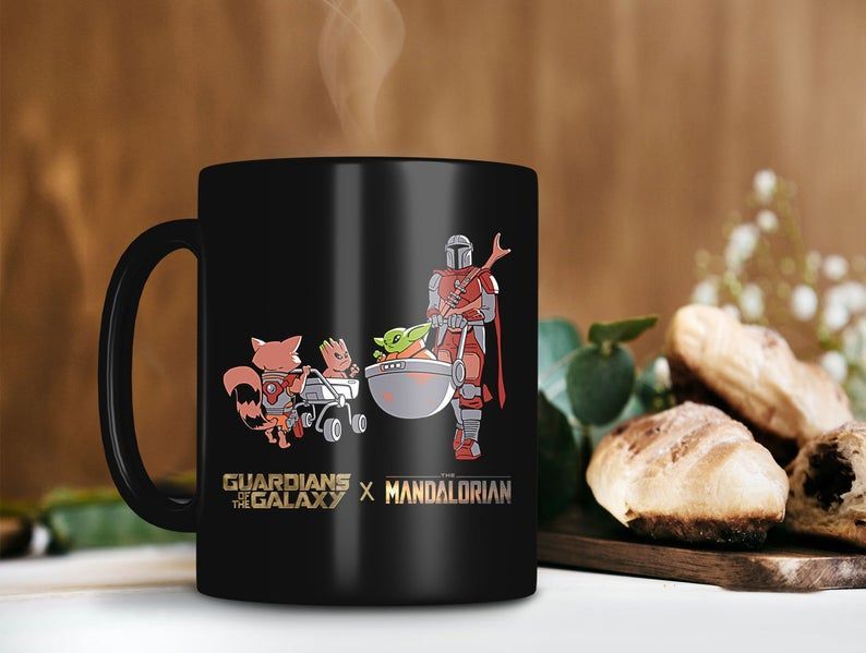 The Mandalorian Baby Yoda Meet Rocket Raccoon Baby Groot Mug Star Wars Gift The Mandalorian Gift Premium Sublime Ceramic Coffee Mug Black