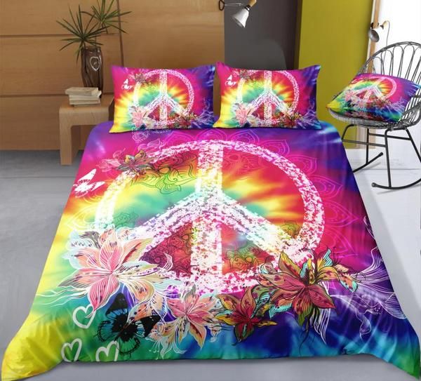 Tie-Dyed Flowers Peace And Love Symbol Cotton Bedding Sets