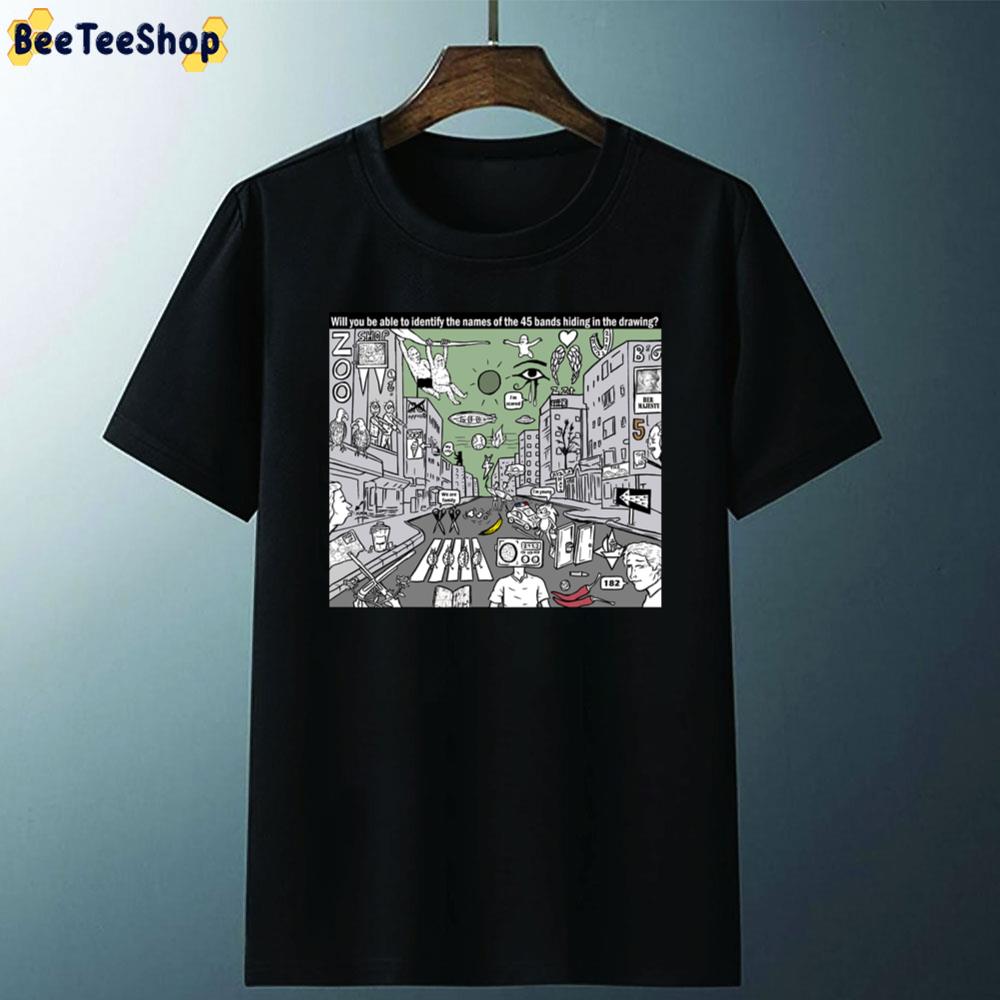 Will You Be Able To Identify The Names Of The 45 Bands Hiding In The Drawing Radiohead Rock Band Unisex T-Shirt