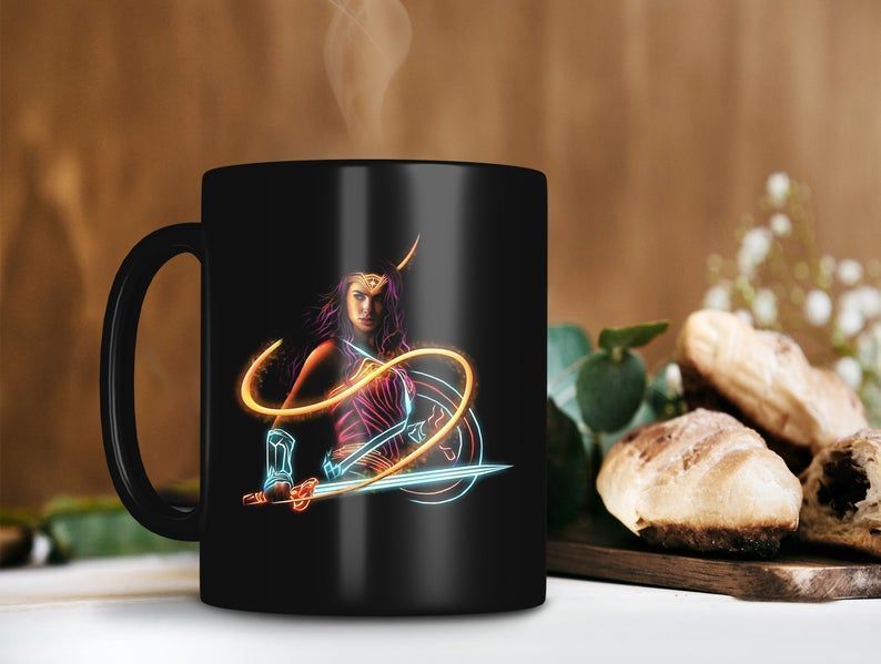 Wonder Woman Diana Prince Neon Light Mug Gal Gadot Lover Gift Dc Comic Lover Gift Justice League Premium Sublime Ceramic Coffee Mug Black