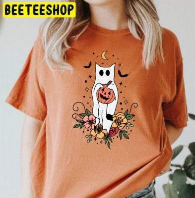 Floral Ghost Cat Halloween Trending Unisex T-Shirt