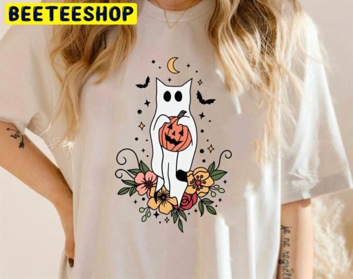 Floral Ghost Cat Halloween Trending Unisex T-Shirt