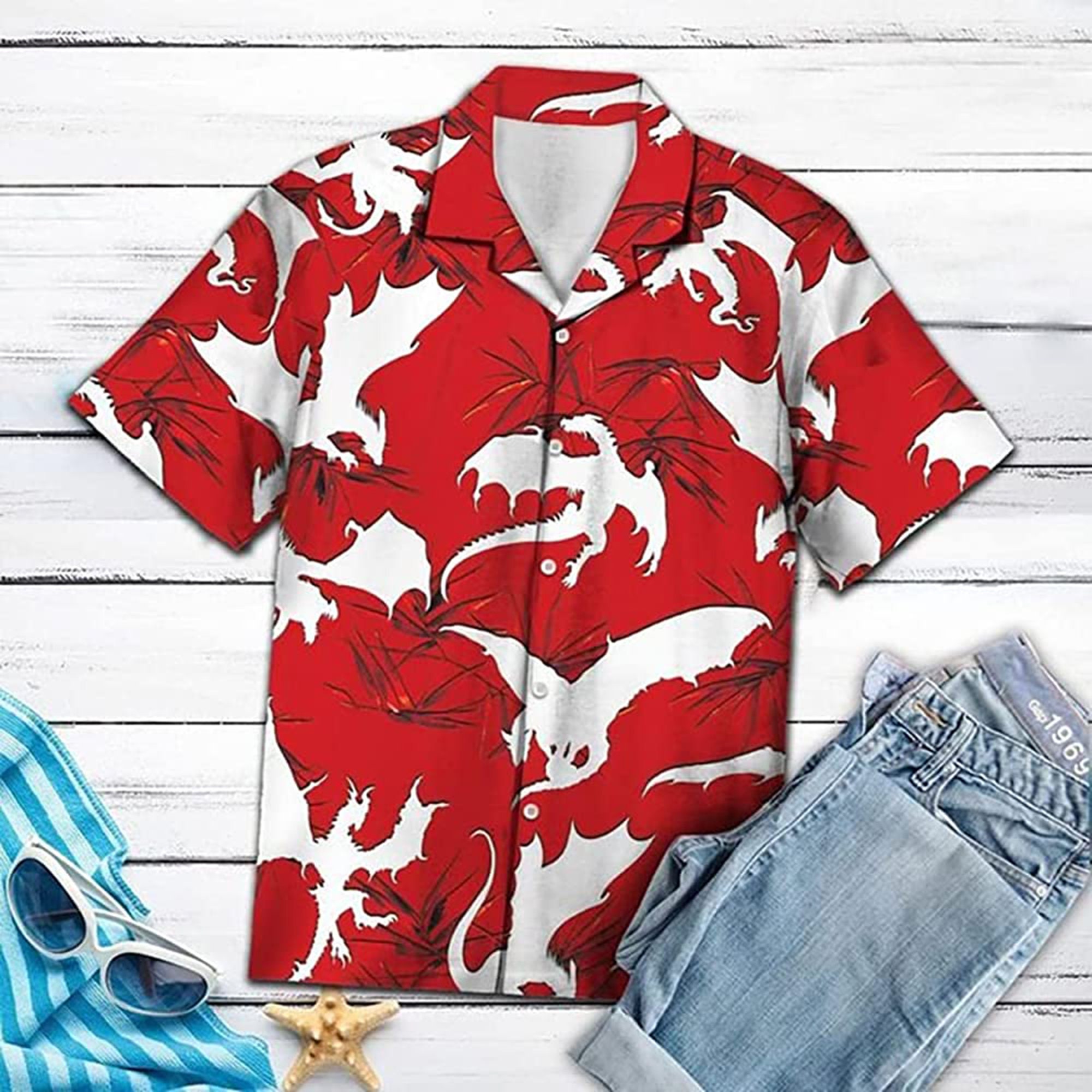 Amazing Red Dragon Pattern Short Hawaiian Shirt