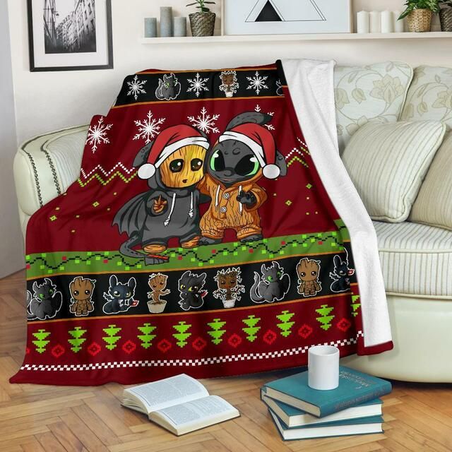 Baby Groot Toothless Christmas Fleece Blanket Throw Blanket Gift