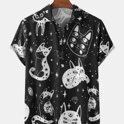 Black Cartoon Cat Print Halloween Hawaiian Shirt