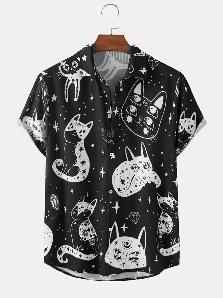 Black Cartoon Cat Print Halloween Hawaiian Shirt