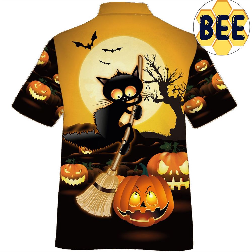 Black Cat Broom Sweep Halloween Hawaiian Shirt