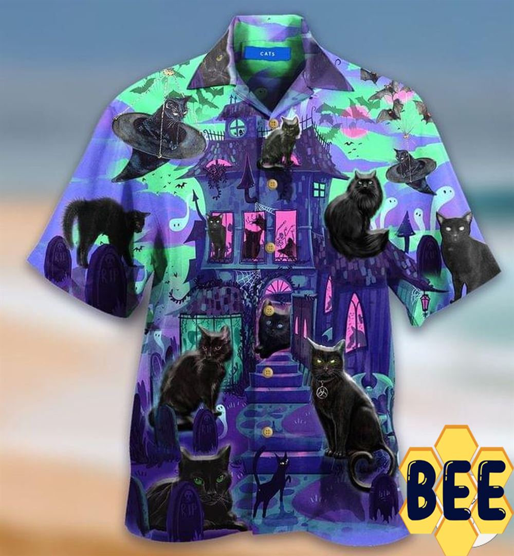 Black Cats In A Haunted House Halloween Hawaiian Shirt