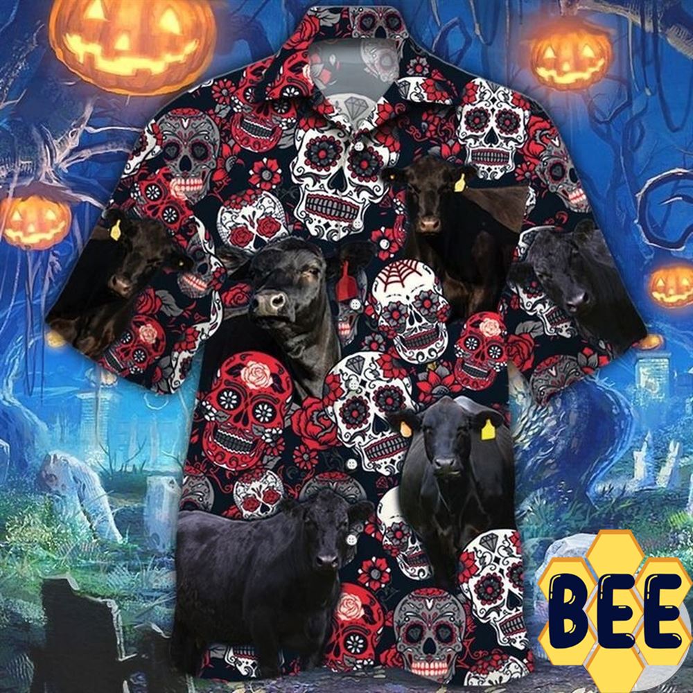 Farmer Black Angus Cattle Lovers And Sugar Skull Floral Halloween Hawaiian Shirt