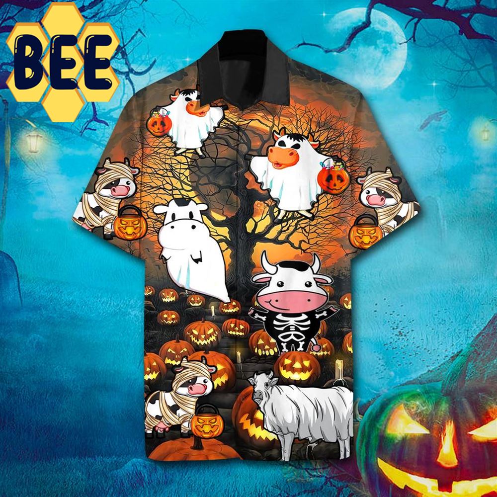 Farmer Cow And Pumpkins Halloween Hawaiian Shirt