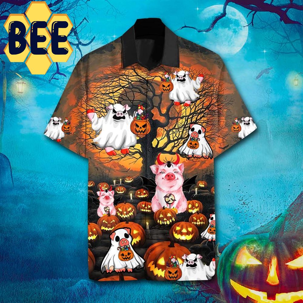 Farmer Pig And Pumpkins Halloween Hawaiian Shirt