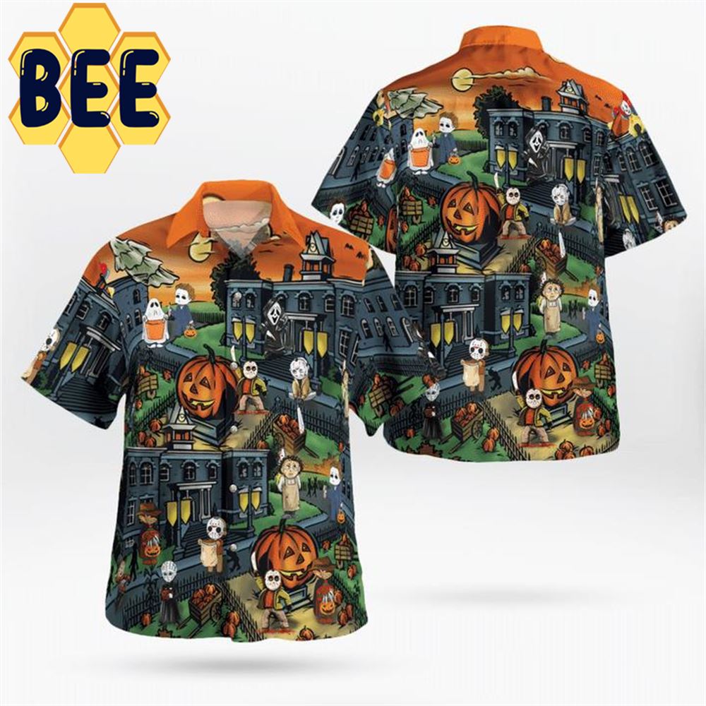 In HalloweenTown We Slay All Day Horror Characters Halloween Hawaiian Shirt