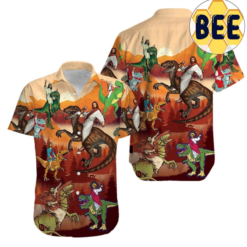 Jesus Riding Dinosaur Pattern Orange Hawaii Shirt