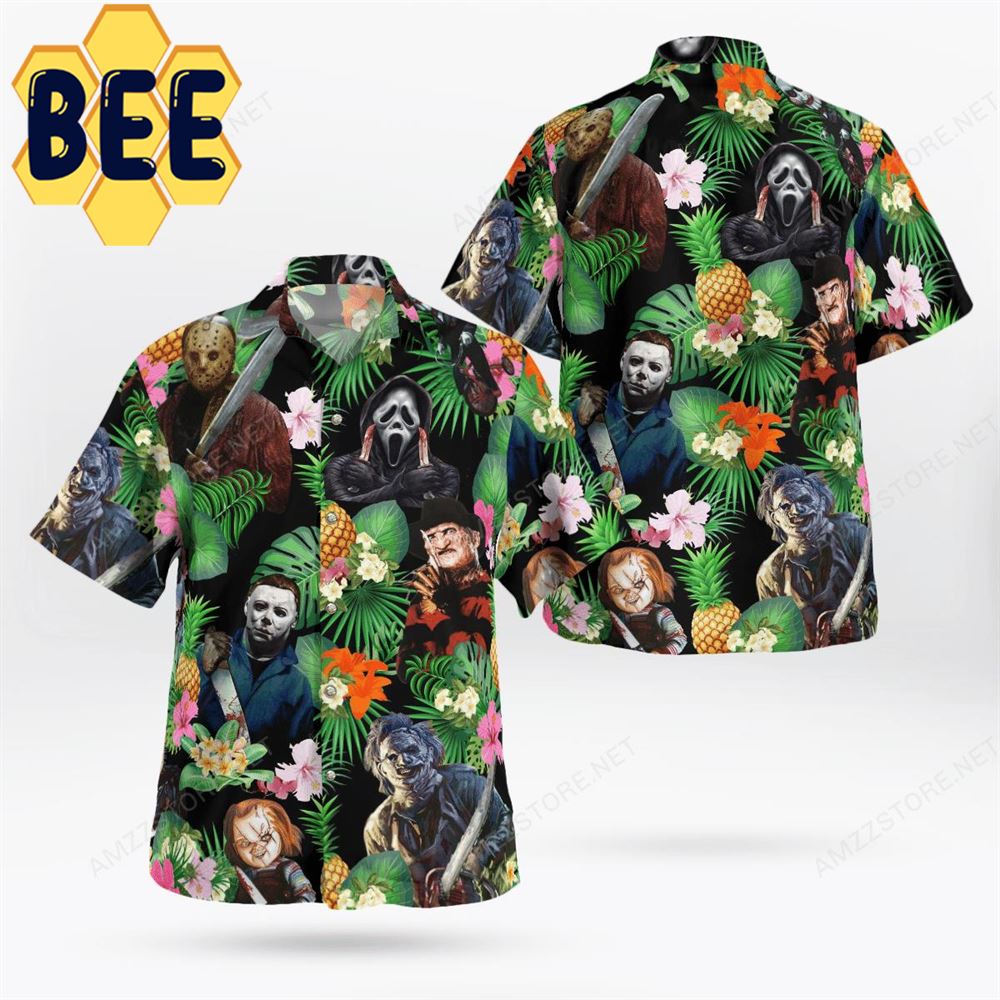 Pinepapple Tropical Floral Horror Characters Halloween Hawaiian Shirt