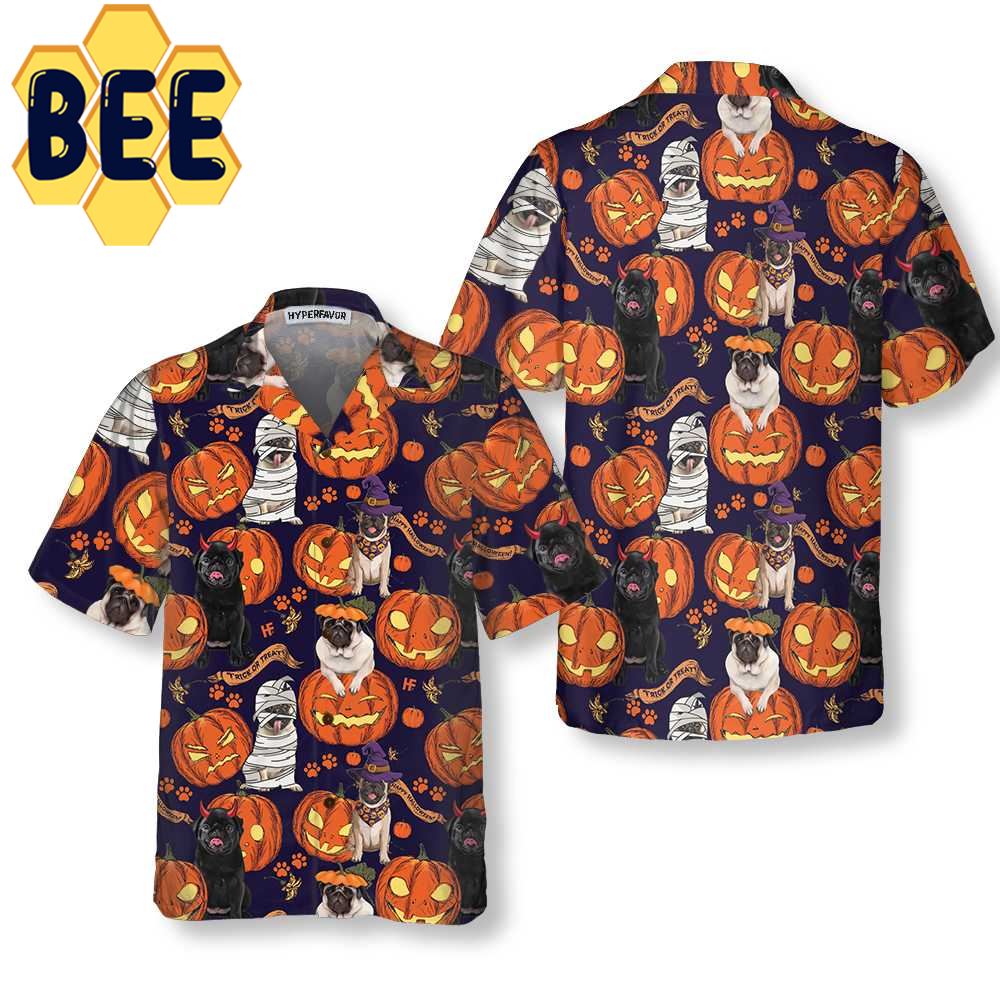 Pug Dog With Pumpkin Halloween Hawaiian Shirt