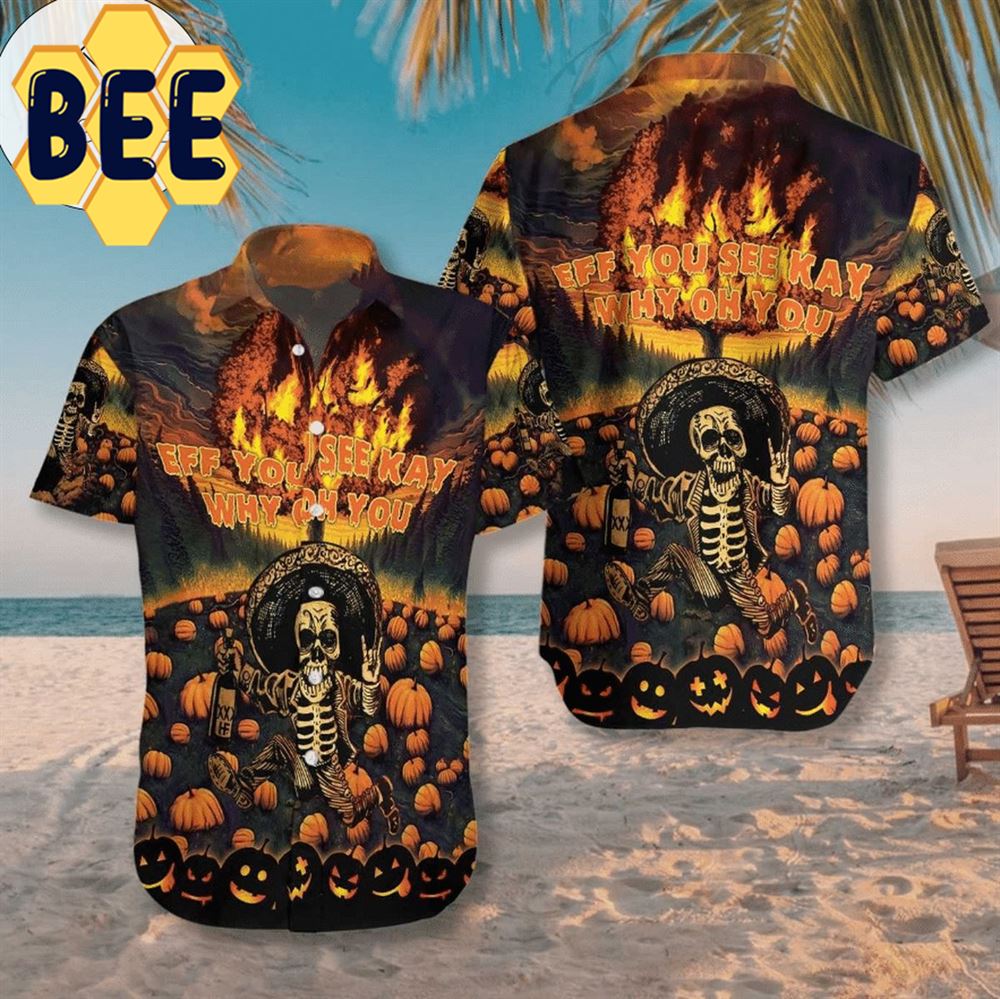 The Burning Pumpkin Sky And Skeleton Halloween Hawaiian Shirt