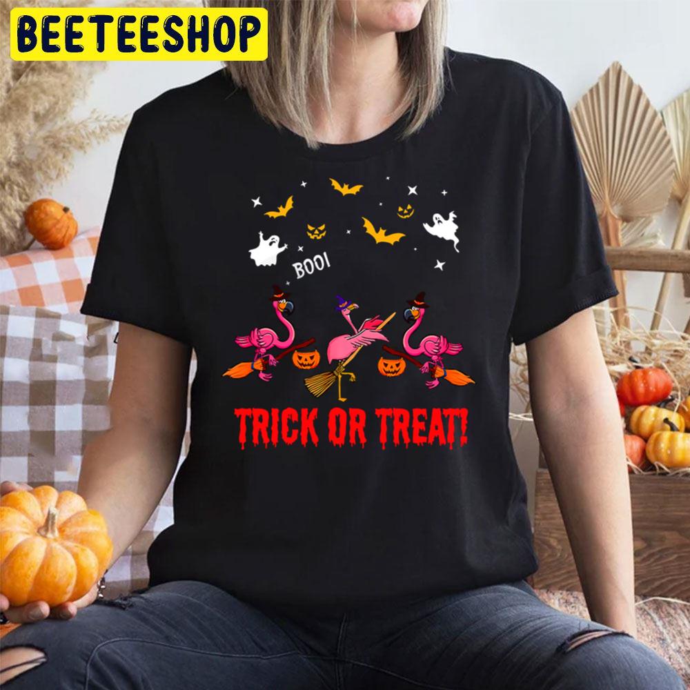 Trick Or Treat Flamingo Riding Broom Halloween Unisex T-Shirt