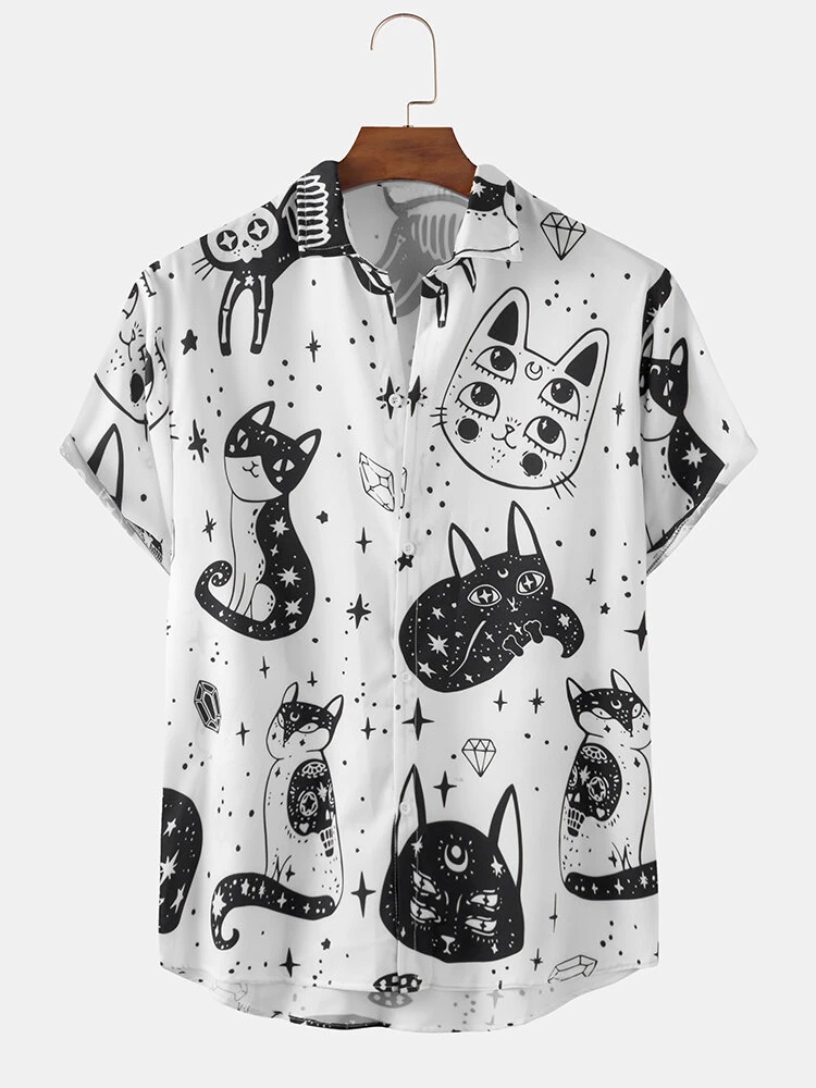 White Cartoon Cat Print Hawaiian Shirt For Halloween