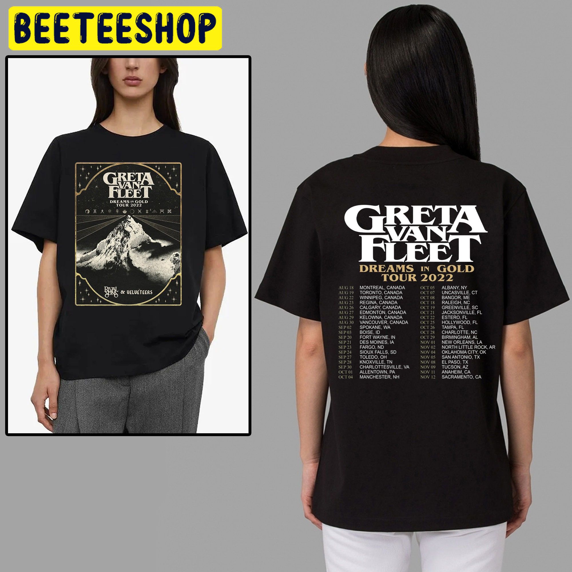 Art Greta Van Fleet Dreams In Gold Tour 2022 Double Sided Unsiex T-Shirt