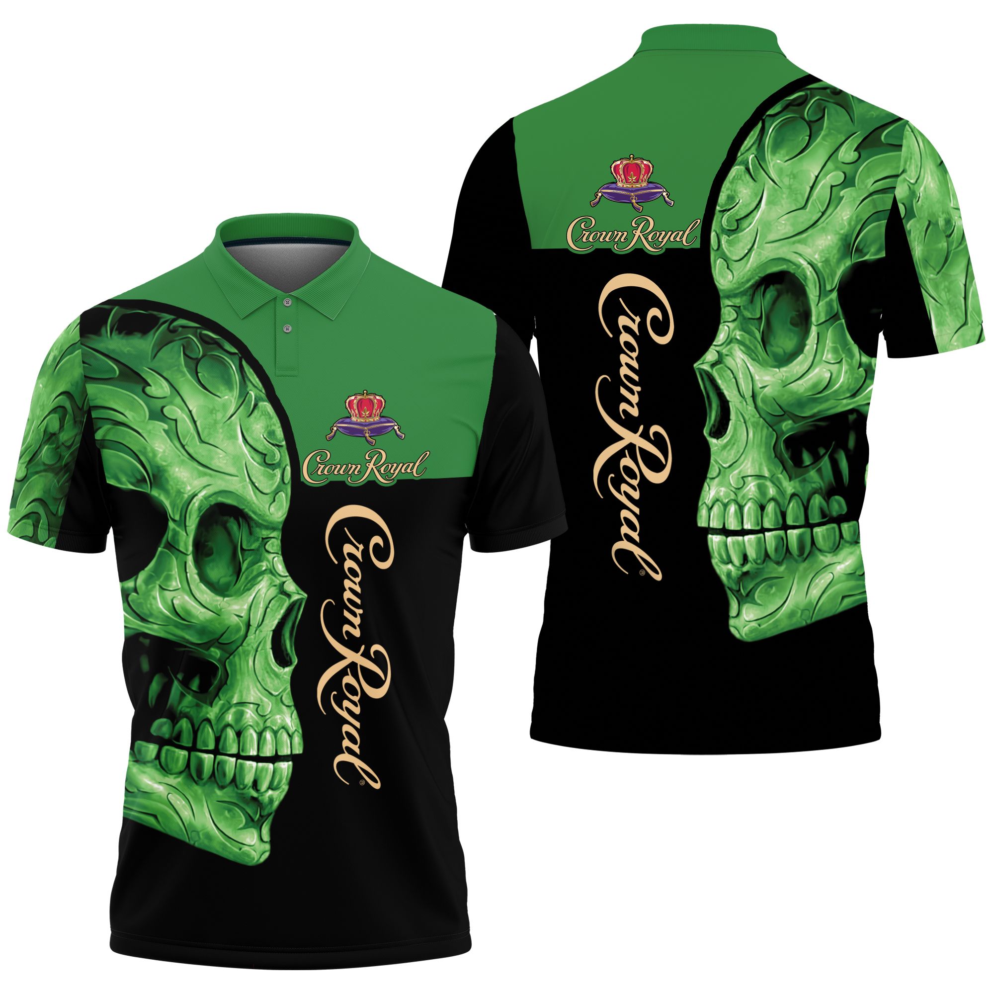 Art Sugar Skull Crown Royal Green Flower Pattern 3D All Over Print Polo Shirt