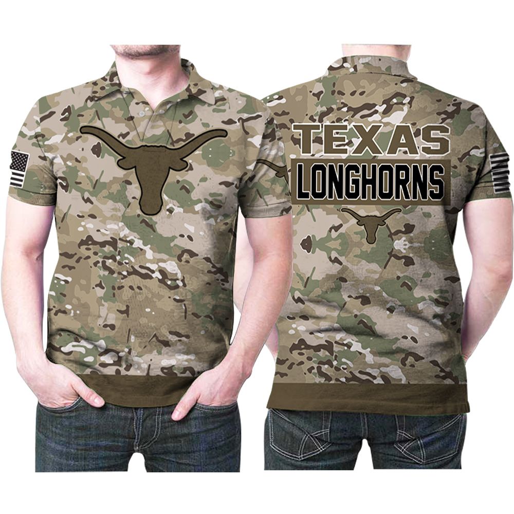 Art Texas Longhorns Camouflage Pattern Us Flag 3D All Over Print Polo Shirt