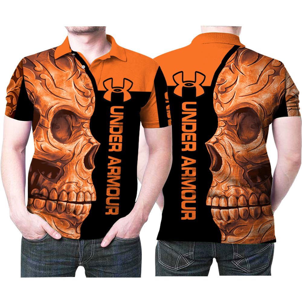 Art Under Armour Orange Flowers Pattern Skull 3D All Over Print Polo Shirt